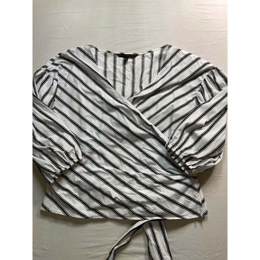 White House Black Market Striped Faux Wrap Puff Sleeve Top White Black XL
